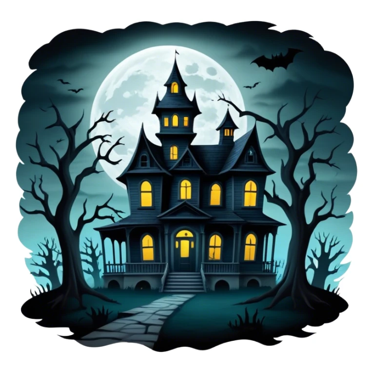 Icon for Horror Movies: A dark, eerie collage featuring iconic horror elements like a haunted house, a full moon, sinister shadows, and creepy creatures emerging from the darkness. The atmosphere should be chilling, with a feeling of suspense and fear. Transparent background. sticker