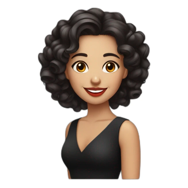 young moroccan woman with dark brown eyes, dark long curling hair with lighter extrimity, red lips, big smile, black dress sticker