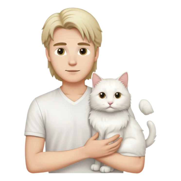 A young Caucasian man in a white shirt holds a long-haired white cat sticker
