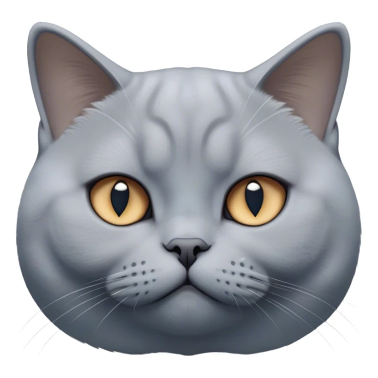 Cinematic Elegant Grey British Shorthair Cat Portrait Emoji, Head tilted slightly with a scrunched, iconic British Shorthair face, sleek soft grey fur with subtle blue undertones, Simplified yet sharp features, highly detailed, glowing with a warm, confident glow, high shine, poised and regal, stylized with an air of grace, focused and attentive, soft glowing outline, capturing the essence of calm elegance and quiet charm, so lifelike it feels as though it could turn its head and give a dignified meow at any moment! sticker