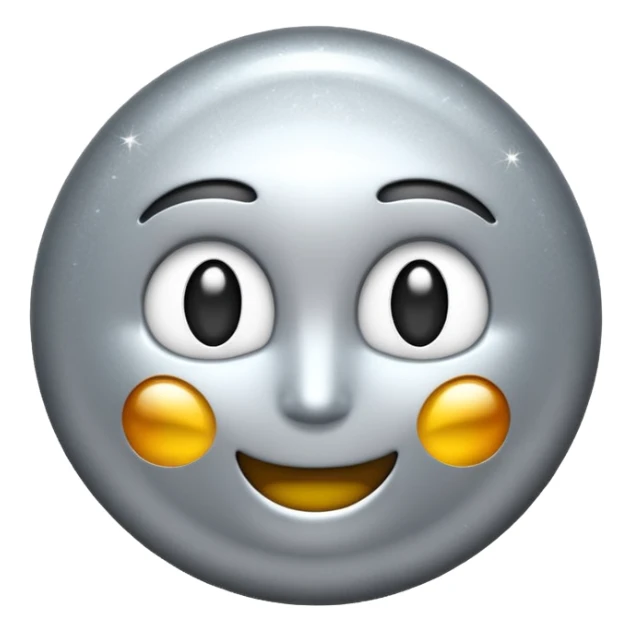 Silver chrome sparkle emoji, iOS emoji style, minimal shape, glossy metallic shine, clean background, smooth lighting sticker