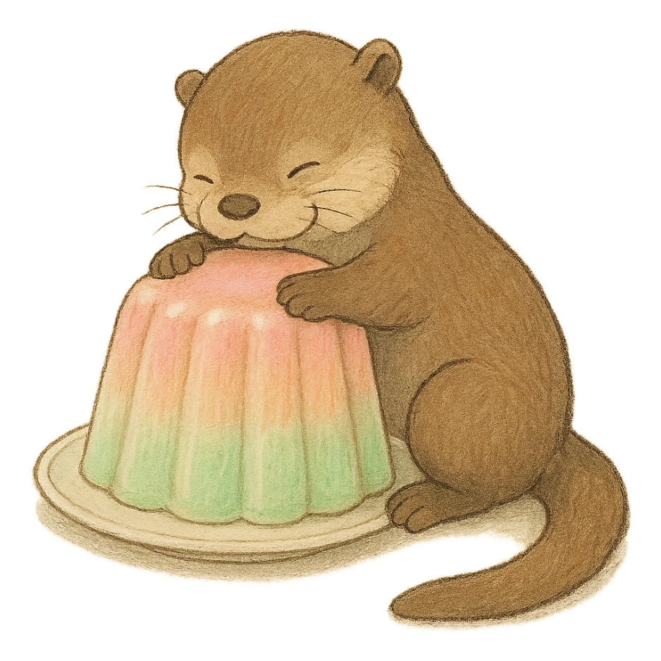 otter hugging pastel jelly cake in soft Ghibli style sticker