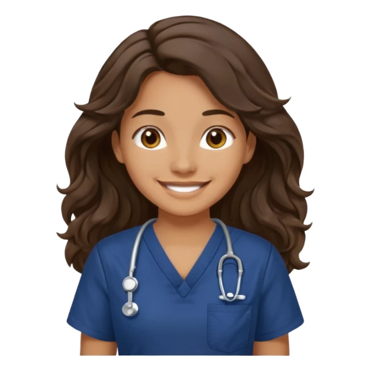 Long wavy dark brown hair with a navy blue scrub top smiling sticker