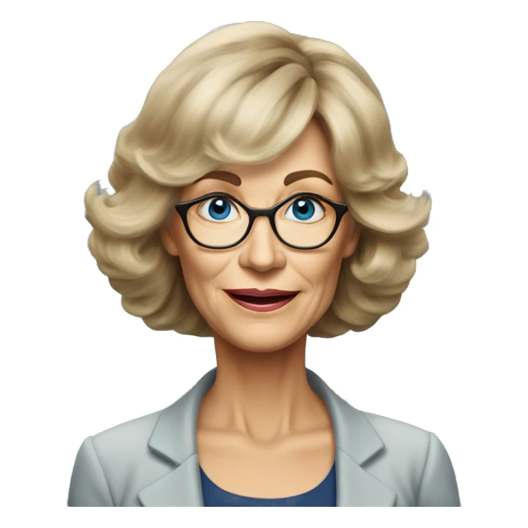 Medium length Dirty blonde poofy hair with bangs all across forehead and sides swept away from face business woman of 60 years old with blue eyes  sticker