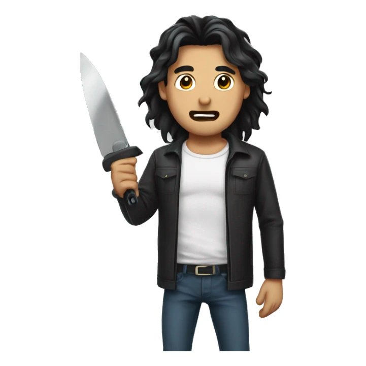 man holding a cutter, long black hair, cryiing sticker