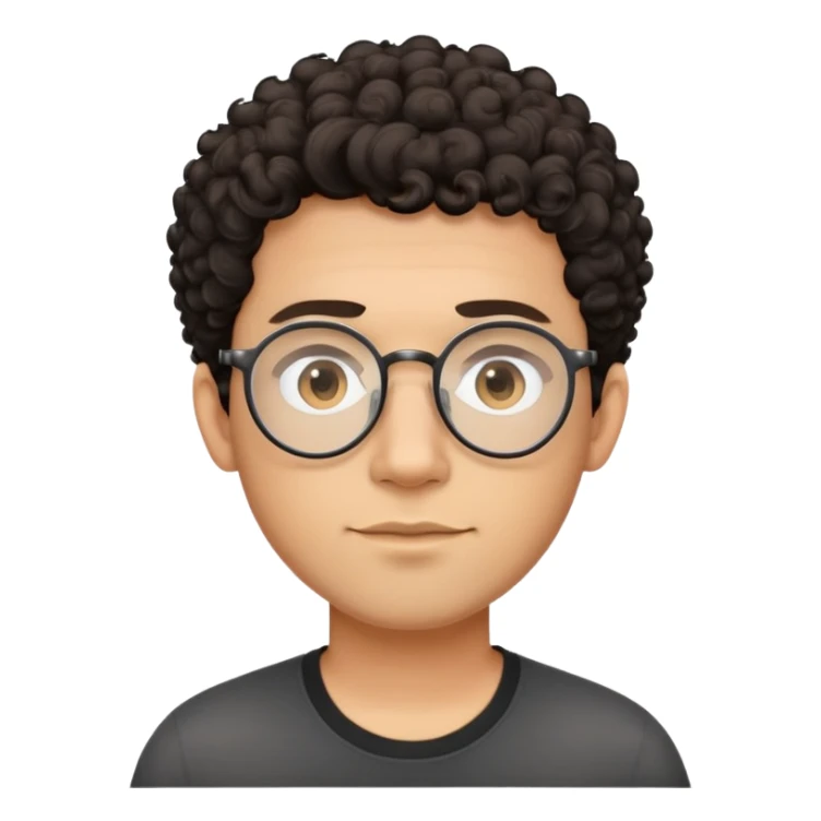 Oval-faced man with large oval metal frame glasses, short curly dark hair with high fade cut, light tan skin, friendly neutral expression, black shirt sticker