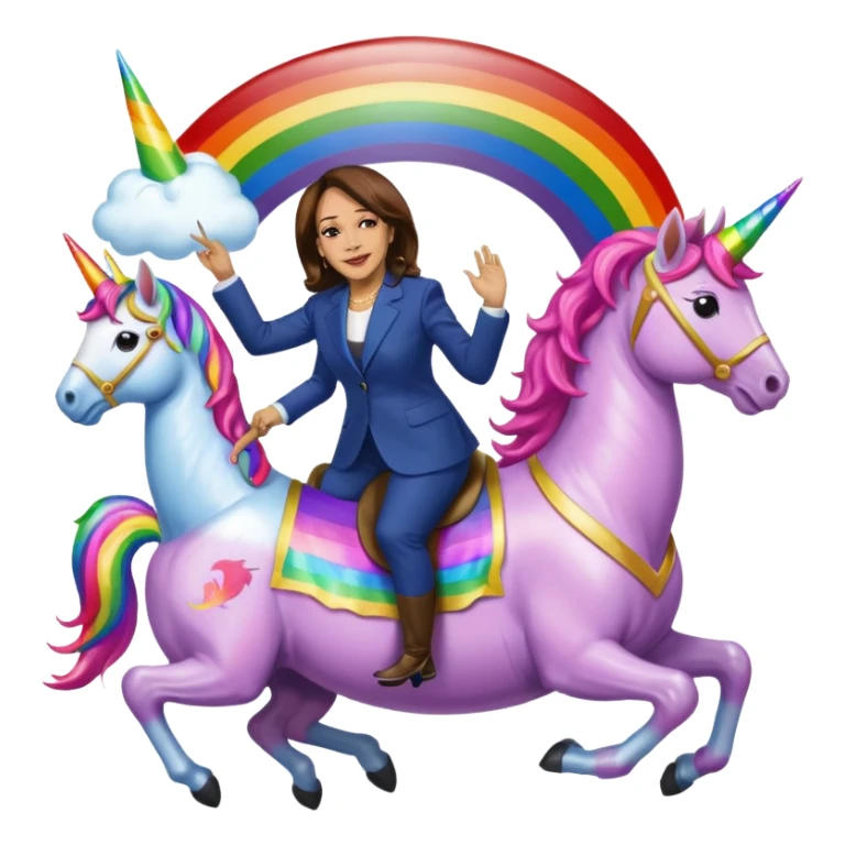 Kamala Harris and donald trump riding a rainbow unicorn sticker