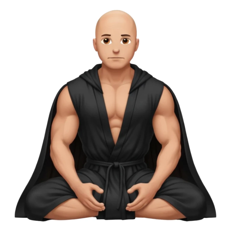 fullbody jacked bald guy, sleeveless black robe sitting hands down sticker