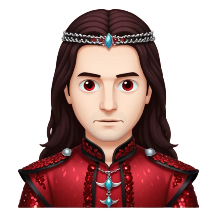 Vlad Tepes with long dark brown hair, dark red sequin outfit sticker