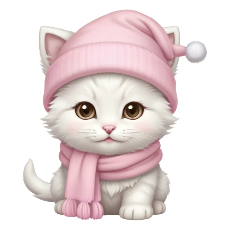fluffy white winter kitten with pale pink christmas hat and pale pink scarf sticker