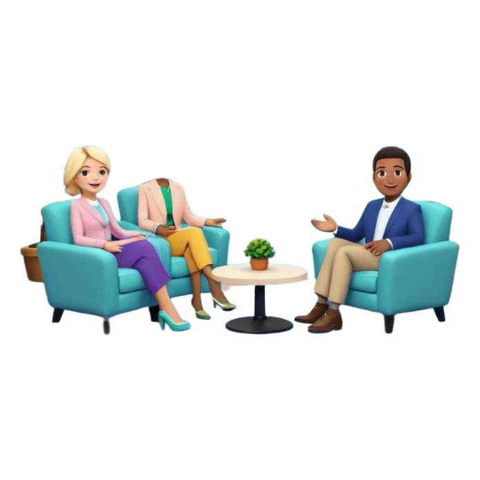 Morning entertainment TV studio, cozy talk show set with armchairs and couch with people, LED screen behind, warm pastel colors, green and blue lighting panels, festive decorations, friendly daytime TV atmosphere, realistic broadcast studio, no branding. sticker