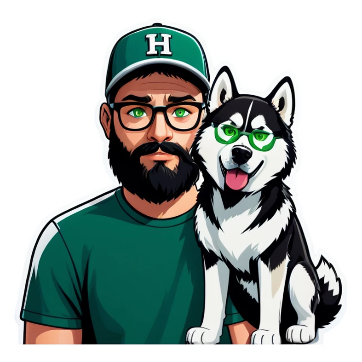 A bold man with a grey baseball cap, green eyes, big beard and glasses next to a husky dog sticker