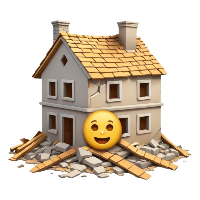 3D iPhone style emoji of a completely destroyed house, heavily damaged, collapsed into rubble, broken walls and roof scattered into debris, isolated on white background, soft shadows, high detail, playful and cute. sticker