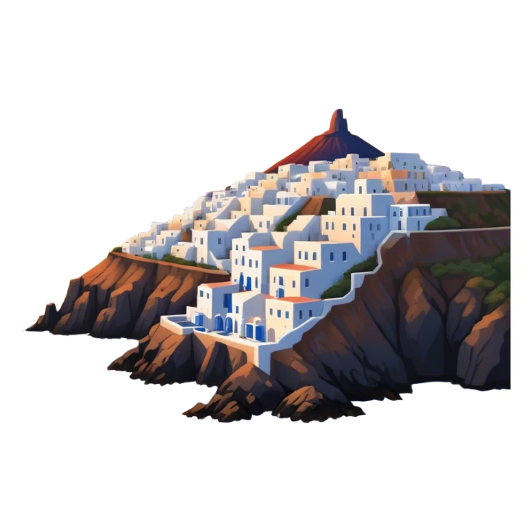 Cinematic Realistic Santorini Caldera Landmark Emoji, featuring white-washed buildings perched on volcanic cliffs, overlooking the deep blue Aegean Sea, with warm sunset hues illuminating the sky and reflecting off the water. sticker