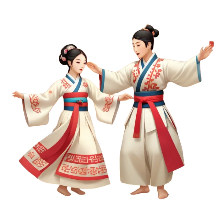 Cinematic Realistic scene of two performers engaging in Ganggangsullae, dressed in traditional Korean costumes with intricate patterns and graceful movements, illuminated by soft, festive lighting that accentuates the cultural ambiance sticker
