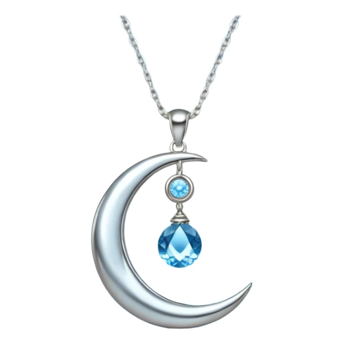 Silvery silver moon necklace with a light-blue crystal hanging attached necklace   sticker