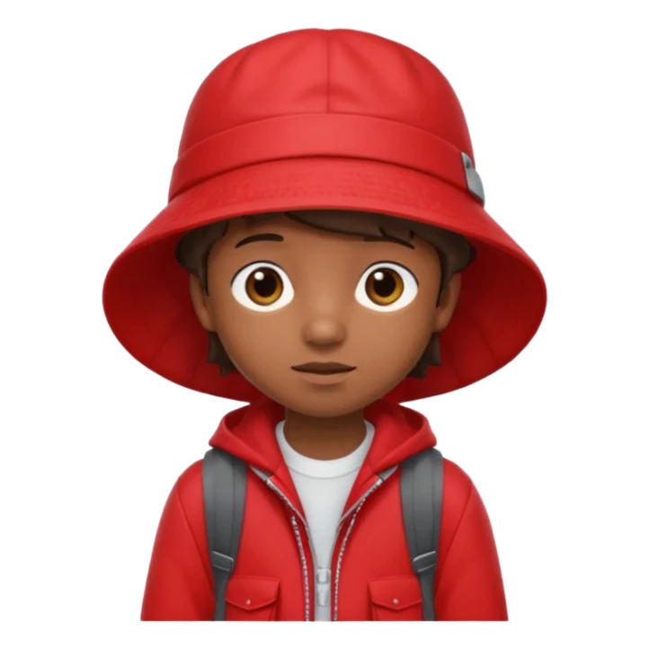 Little student brown wears red bucket hat and jacket, backpack, shy sticker