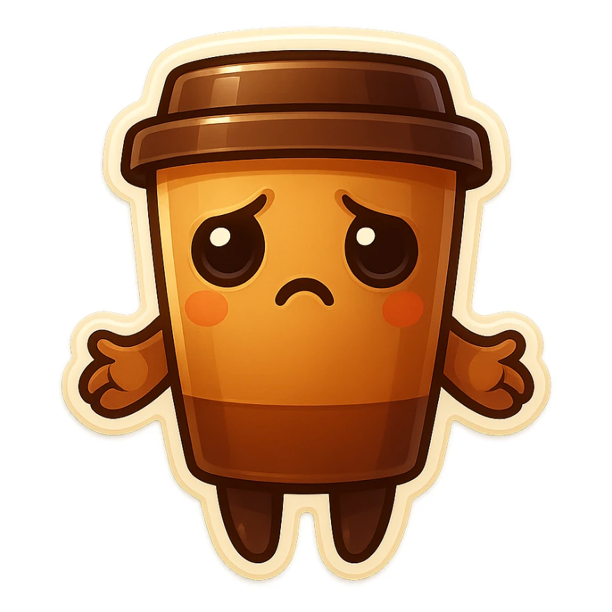 Tall coffee cup, somber, offerring a hug sticker
