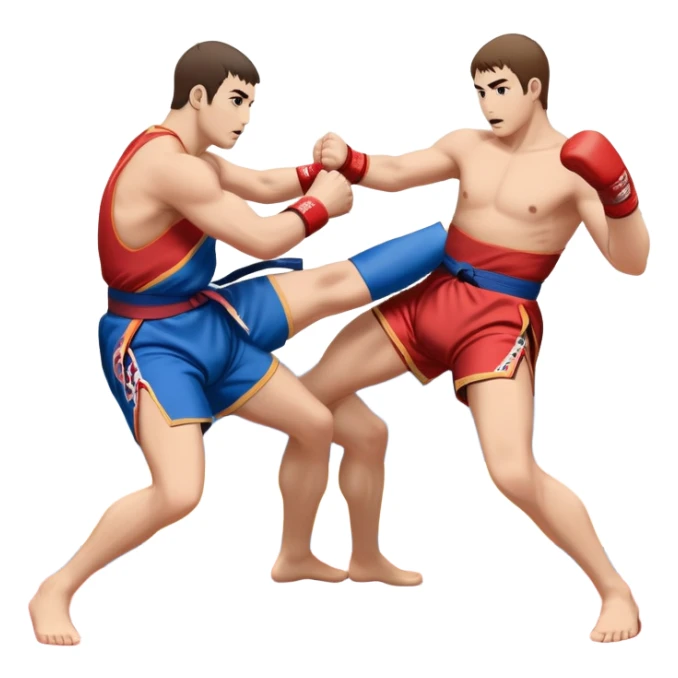 An icon symbolizing Sambo, featuring two fighters in blue and red kimonos with shorts. One executes a powerful throw, while the other attempts a defensive grab. The fighters are engaged in a grapple, using joint locks and sweeps. The background features a wrestling mat/ sticker