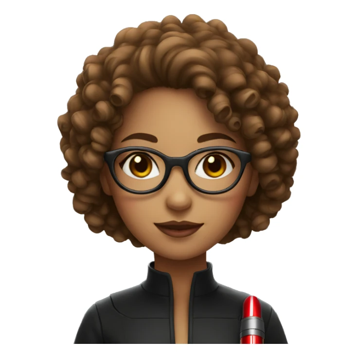 A girl with glasses,curly hair with a red lightsaber sticker