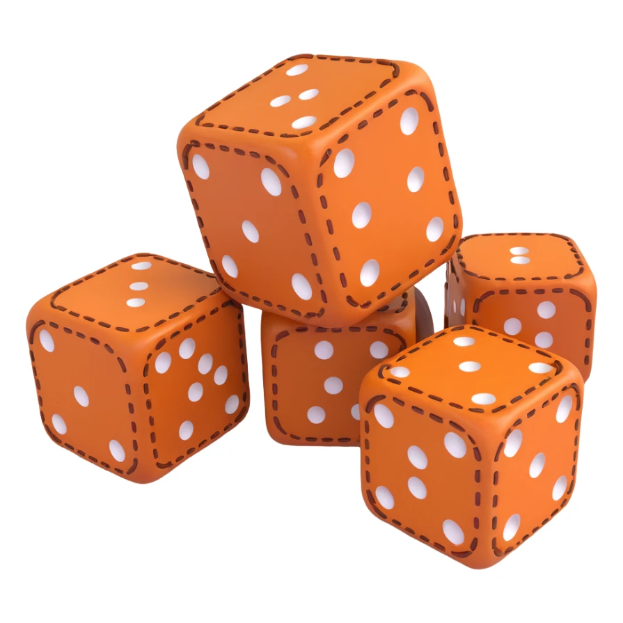 single dice, 3D, luxury, brown camel leather with orange stitching, no text sticker