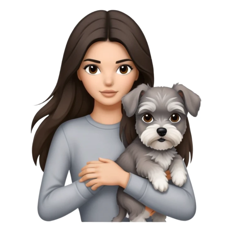 brunette Kendall Jenner with long hair holding on the hands grey white Schnauzer sticker