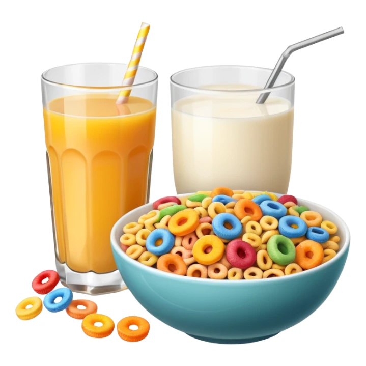A glass of juice and a bowl with cereals sticker