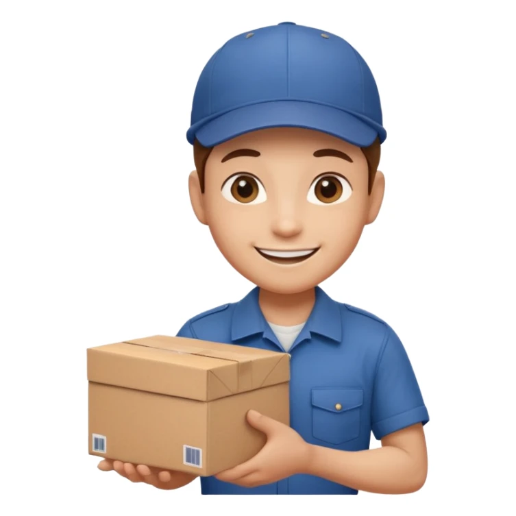  delivery worker holding a cardboard package. Wearing a cap and uniform shirt, smiling expression. Rounded, glossy, smooth, soft shadows, white background.




 sticker