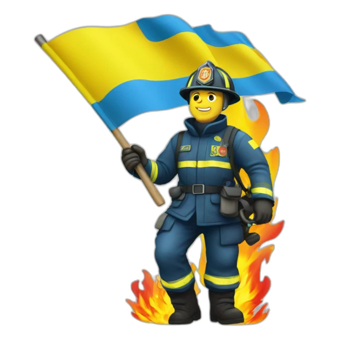 Ukrainian firefighter with the flag of Ukraine puts out the fire sticker