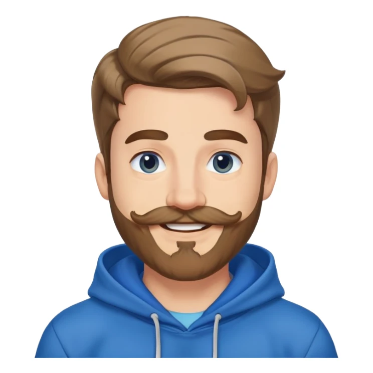 Mr. Beast wearing a blue hoodie, mustache and beard, big friendly smile sticker