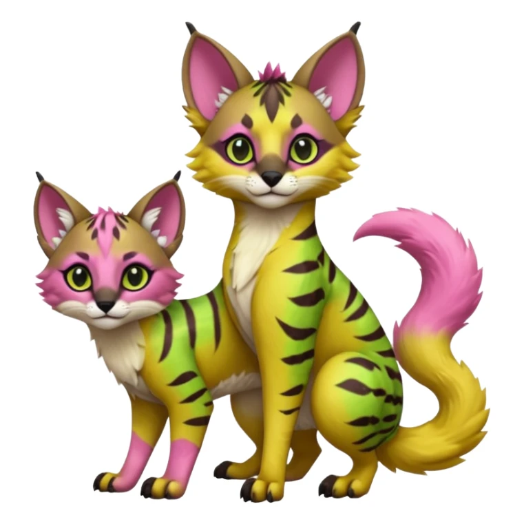 Cute kawaii cool edgy badass  vivid tropical mango-lime-pink splash-patterned silky fur fantasy-caracal-civet-genet-sergal-vernid-Gryphon-Cacomistle-Trico-oncilla-animal-Fakémon-hybrid-fursona (full body), facial markings, (realism style) sticker