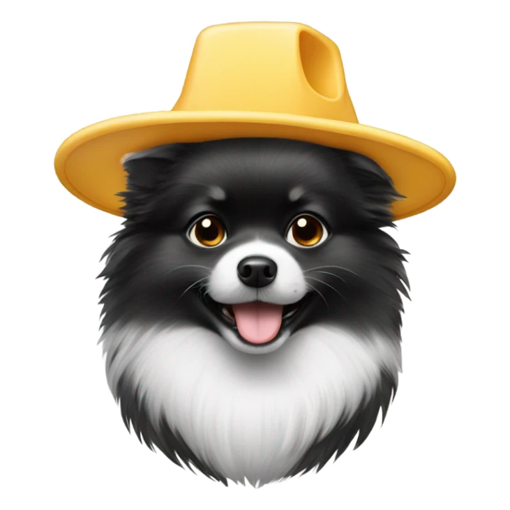 Black and white Pomeranian wearing a cheese hat sticker
