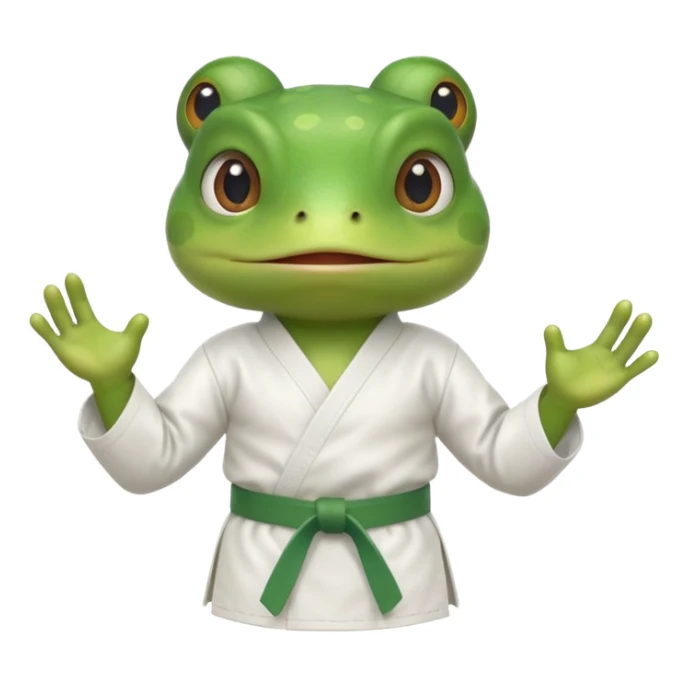 cute frog doing karate portrait, head and shoulders only, wearing white gi uniform, green belt visible, funny serious face, 3D cartoon, mobile game icon style, clean background, no text, no watermark
 sticker