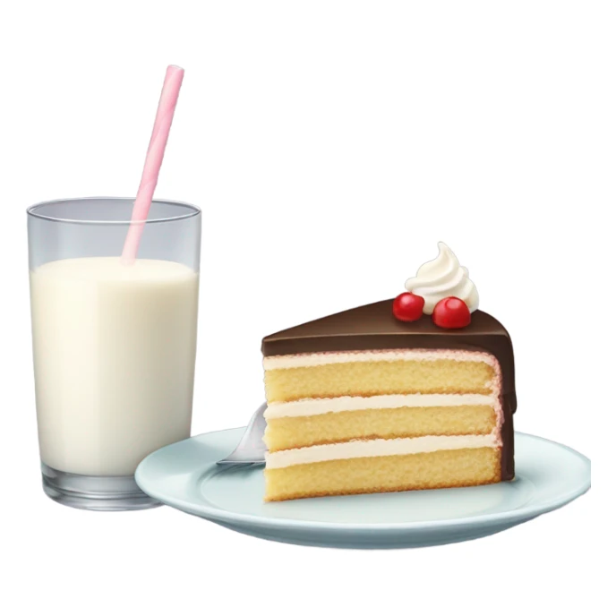 Slice cake at plate and milk at glass sticker
