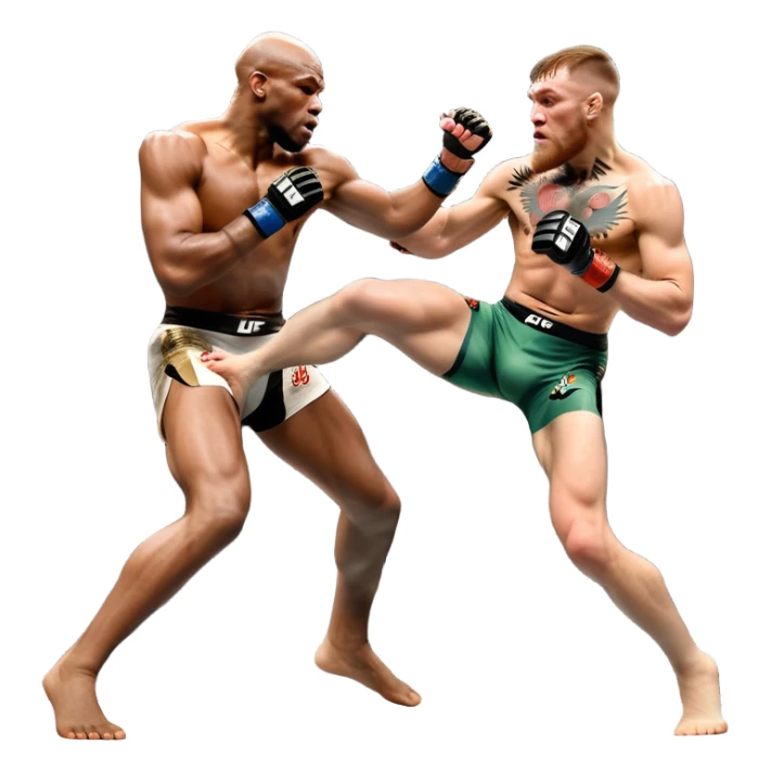 An MMA showdown between Conor McGregor and Anderson Silva in the octagon. McGregor is executing a powerful jumping strike, while Silva is expertly blocking the attack with his forearm. The background features the UFC octagon, fans in the distance, and dynamic action. Transparent background sticker