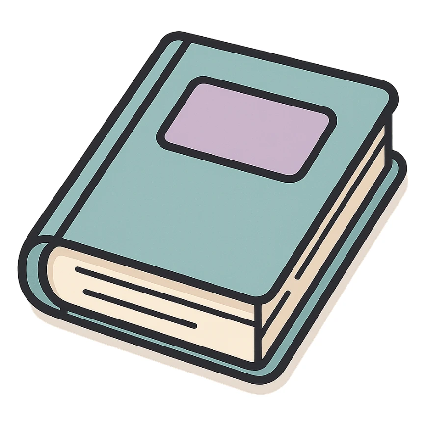 book in perspective (angled view), icon-color-outlined style, detailed shadows and highlights, thin clean contours, soft rounded shapes, pastel palette #98B5BC, #B5B3C1, #C9A3C9, #E4C0CA, #F7DCD1, #F7C0AA, modern Japanese pop art and sticker aesthetic, soft lighting, transparent background sticker