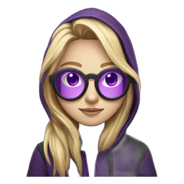 Girl blond developer  with round glasses right side behind his laptop with this style: Alan Walker Singer purple character purple black hooded hacker themed character sticker