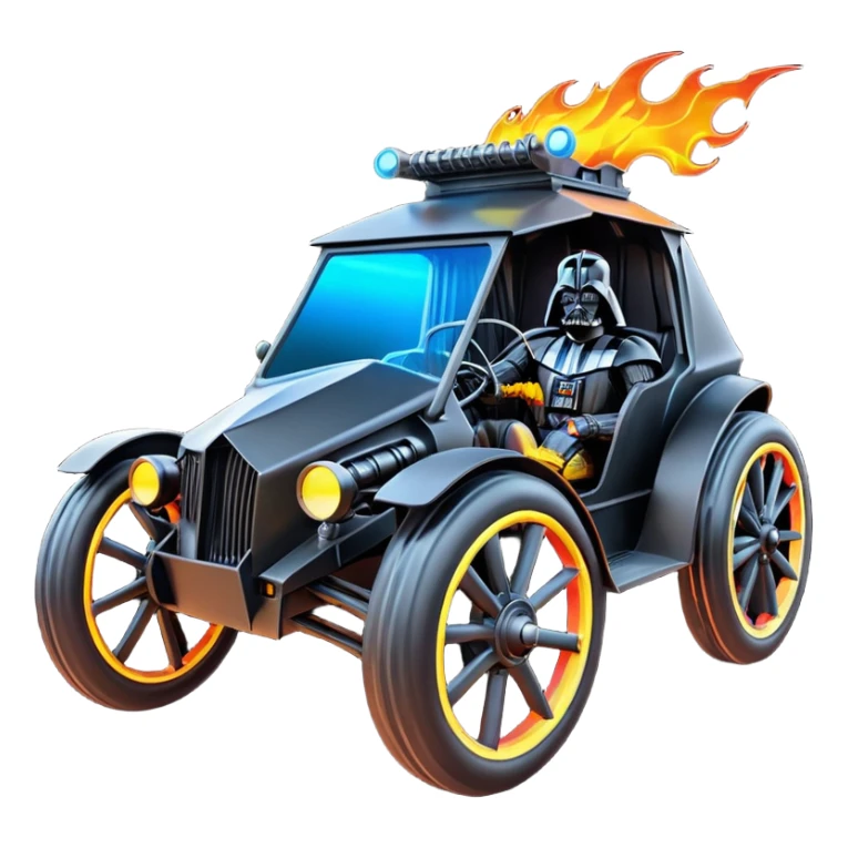 Mad max survival apocalypse ghostly Darth Vader’s Batman-armored 1886 black graphite colored school buggy with horizontal holographic flames painted on the side and neon under glow  sticker
