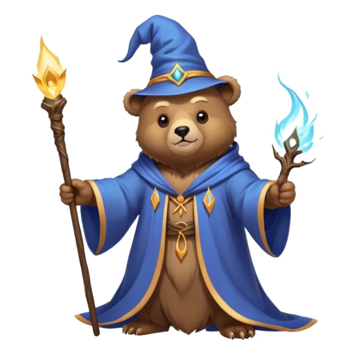 A bear wizard casting a spell with magical staff and flowing robes sticker