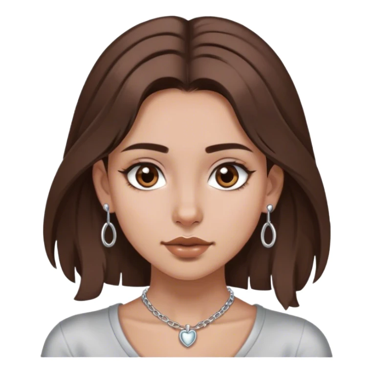 Girl with medium length brown hair, brown eyes, and silver septum piercing, silver earrings, and silver necklace sticker