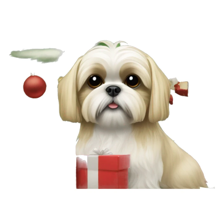 Blonde Shih tzu in front of a Christmas tree with presents sticker