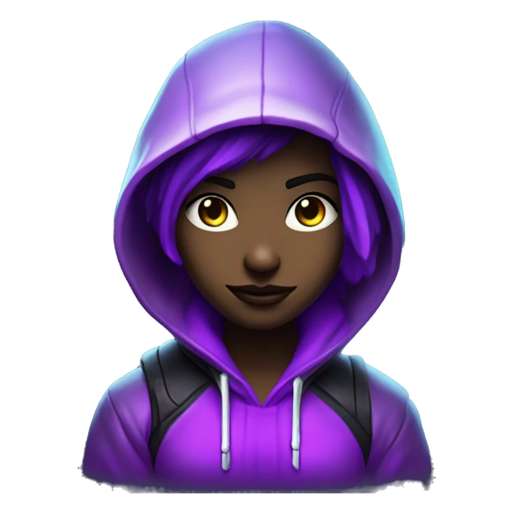 Girl developer behind his laptop with this style : Crytek Crysis Video game neon glowing bright purple character purlple black hooded hacker themed character sticker