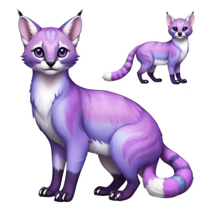 Colorful dark tropical pastel-lilac-lavender-violet iridescent pastel white glorious divine exotic cute cool beautiful shiny beautiful fantasy-caracal-civet-genet-sergal-vernid-Cacomistle-oncilla-animal-Fakémon-hybrid-fursona (full body) sticker