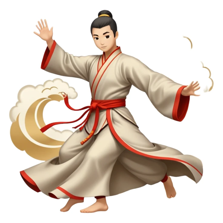 Emblem symbolizing Wushu martial arts. A graceful martial artist performs a dynamic kung fu pose, with flowing movements and a long, elegant robe. The background features stylized clouds and traditional Chinese symbols, representing fluidity, balance, and precision. Transparent background. sticker