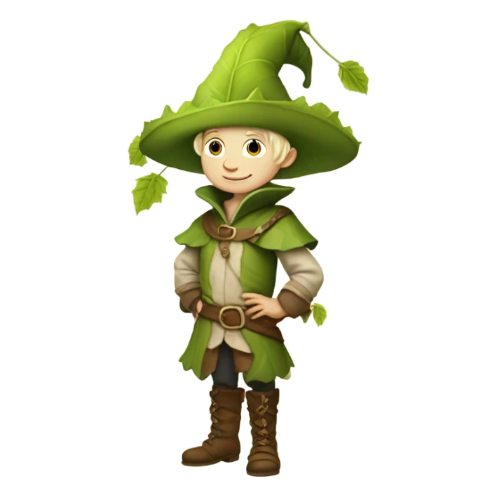 whimsical fairytale medieval pale boy who is tiny and wearing a giant leaf hat and big boots sticker
