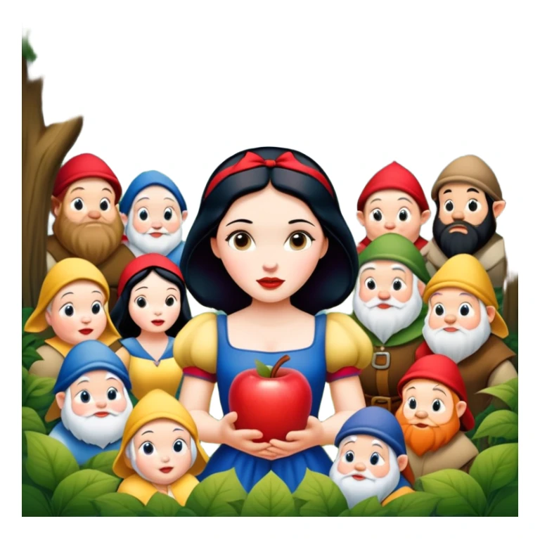 Snow White standing gracefully in a lush forest, surrounded by the Seven Dwarfs sticker