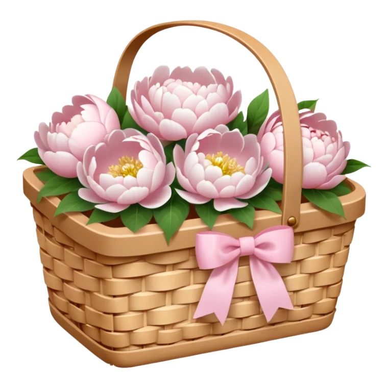 White Picnic basket with light pink bow and white peonies inside sticker