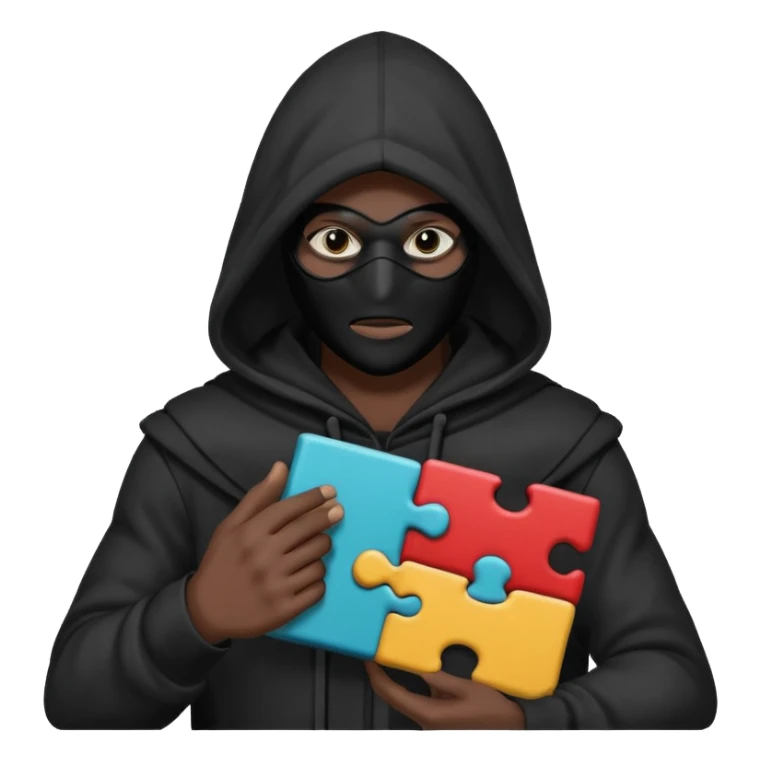 grayscale black mysterious masked hooded man with puzzle sticker