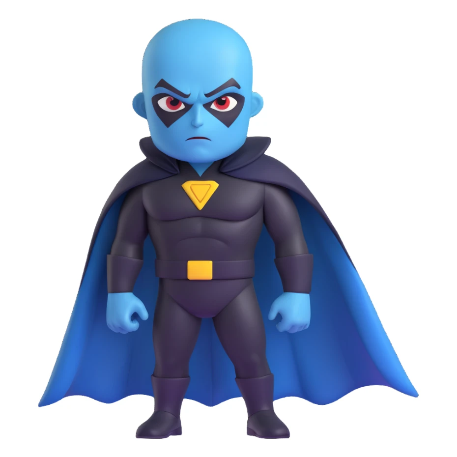 megamind character, blue-skinned supervillain with a large head, wearing a black cape and suit, confident expression, 3D style sticker