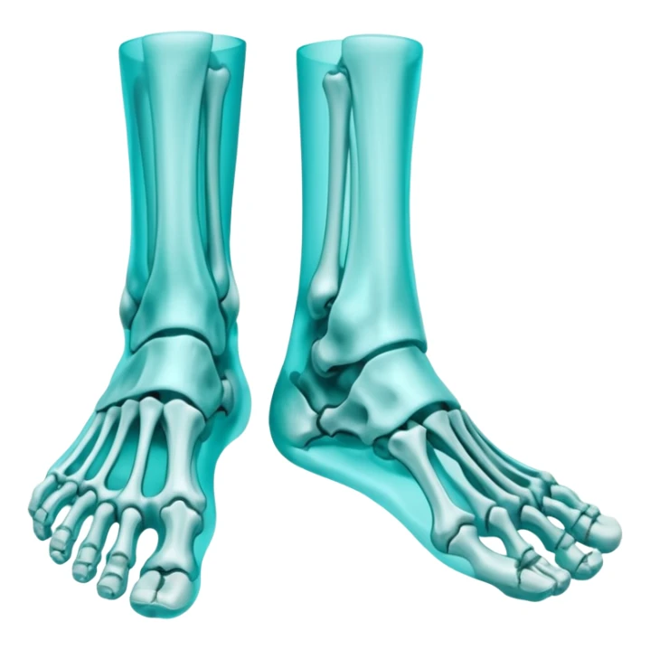 3D render of Foot Bones, X-Ray imaging aesthetic, translucent materials showing internal structure, top-down view of foot bones in cyan glow, medical scan style, emoji style, isolated on white background --v 6.0. sticker